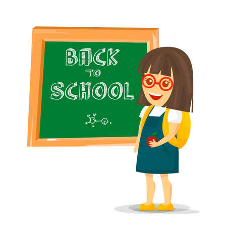 Schoolgirl with backpack near blackboard. Illustrationのイラスト素材