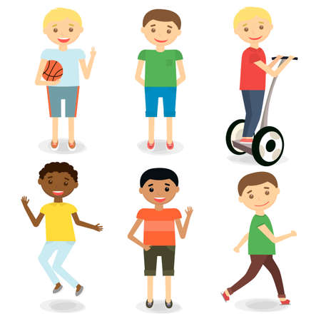 Little boy characters. Kids activities. Happy boys set. Illustration.のイラスト素材
