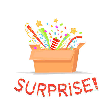 Gift cardboard box with surprise text. Open gift box with confetti, stars. Magic box isolated. Vector illustrationのイラスト素材