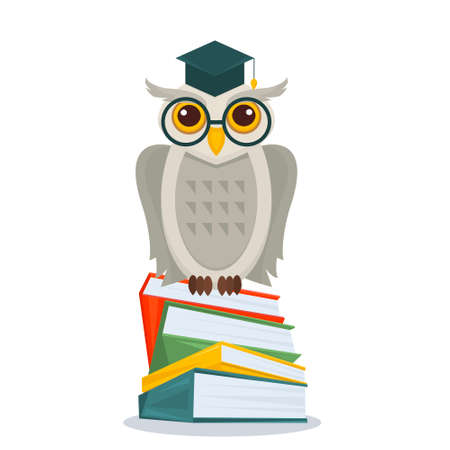 Owl in glasses and in academic hat sitting on books stack. Owl on books isolated. Education concept with owl. Vector illustrationのイラスト素材