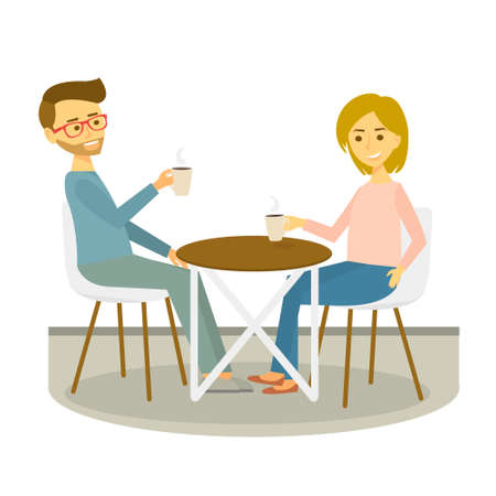 Young couple sits in cafe and drinks coffee. Coffee break. Vector Illustration.のイラスト素材