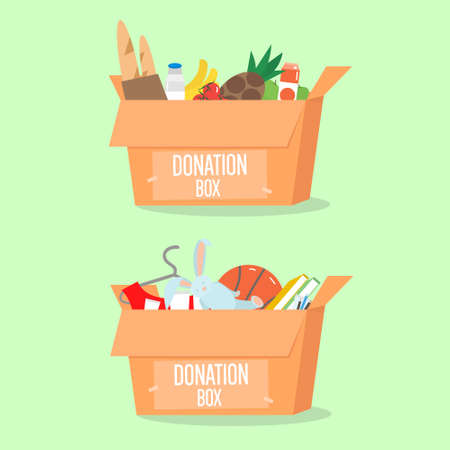 Donation boxes set. Box with different type of donation isolated. Vector Illustration.のイラスト素材