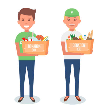 Volunteers with donation boxes isolated on white. Vector Illustration.のイラスト素材