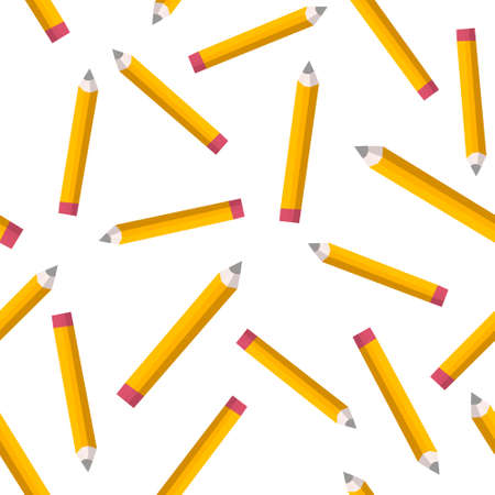Seamless pattern with yellow pencils on white background. Back to school texture with comic pencils. Vector Illustrationのイラスト素材