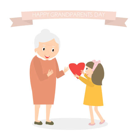 Granddaughter gives heart to grandmother. Happy grandparents day greeting background. Vector Illustrationのイラスト素材