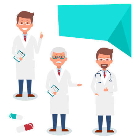 Doctor character man set with test results and stethoscope. Illustrationのイラスト素材