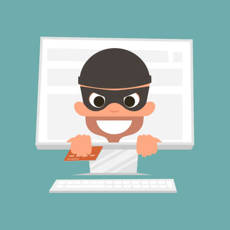 Thief holding a credit card. Concept of safe online shopping. Illustrationのイラスト素材