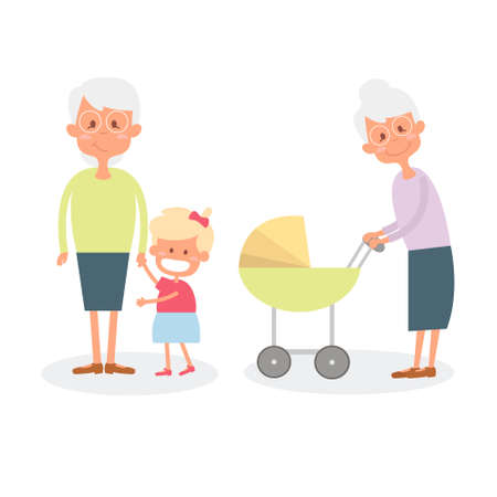 Happy grandmother with grandchildren. Cute Senior woman with granddaughter. Illustration of happy retirement grandparentsのイラスト素材