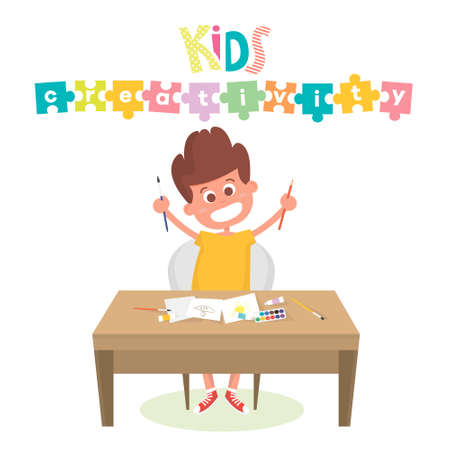 Kids Art-working process. Kids creativity illustration. Boy keeps brush and pencil in hands. Background for kids art lessons or school.のイラスト素材