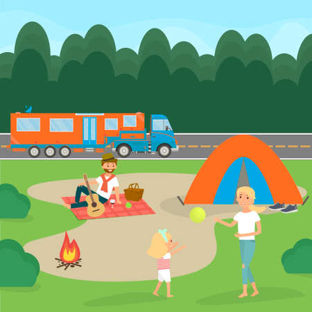 Summer family picnic. Travel by campervan. Vector Illustration.のイラスト素材