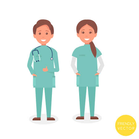 Young medical team. Smiling young woman and man doctor. Flat vector charactersのイラスト素材