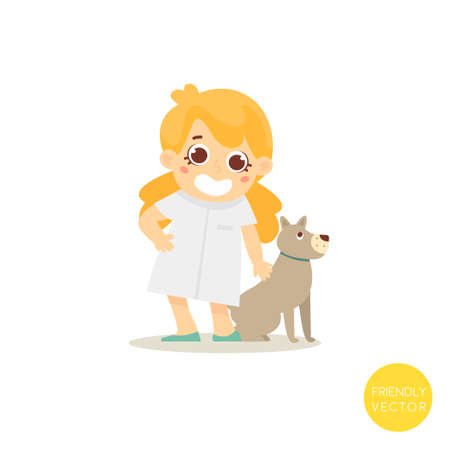 Happy veterinar woman with dog isolated on white.Veterinar character. Pets clinic.Vector Illustrationのイラスト素材