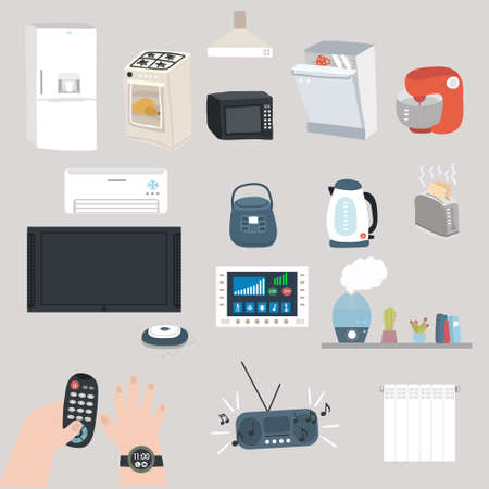 Technology items set. Refrigerator, stove, extractor hood, etc. Vector illustration.のイラスト素材