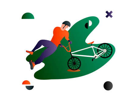 Bmx. Vector cartoon flat bmx rider doing a trick.Creative vector illustration made in abstract compositionのイラスト素材
