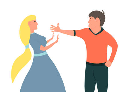 Violence in family.Husband wants to reach his wife. The guy wants to reach his girl .Vector illustrationのイラスト素材