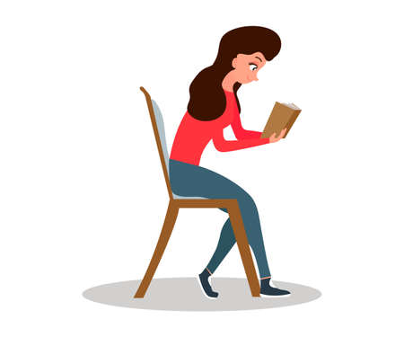 Young woman sitting in rocking chair.Girl leisure time. Woman reading a book. Cute girl at home.Vector illustration.のイラスト素材