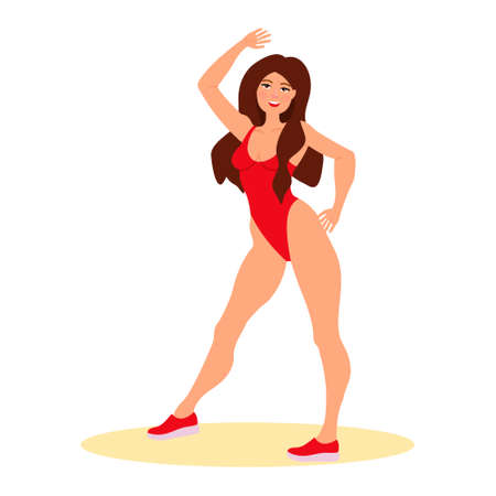 Beautiful young girl in red closed swimsuit. Summer Vector illustration on white background in cartoon styleのイラスト素材