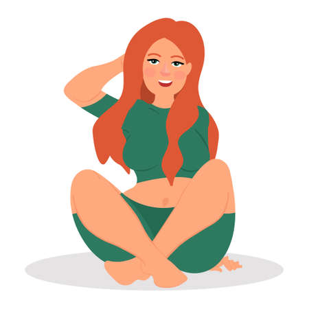 Sexy young woman sitting in crossed legs pose. Young woman in shorts sitting on the floor. Vector illustration on white background in cartoon styleのイラスト素材