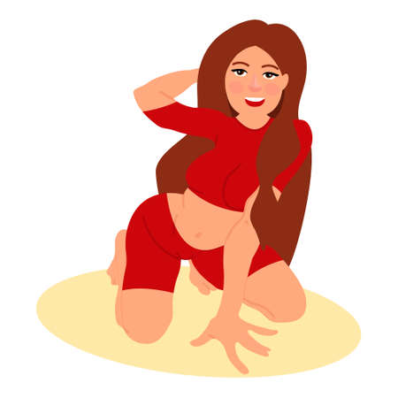 Sexy young woman standing in kneeling pose. Young woman in shorts standing on the floor. Vector illustration on white background in cartoon styleのイラスト素材