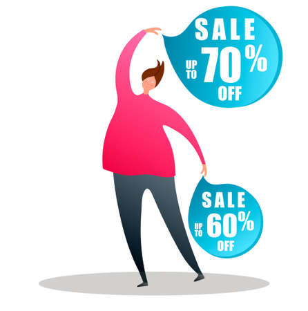 Cartoon character points to the sale badges.Vector illustration on white background in cartoon styleのイラスト素材
