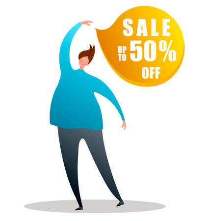 Cartoon character points to the sale badge.Vector illustration on white background in cartoon styleのイラスト素材