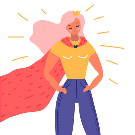 Superhero woman illustration. Girls power concept. Vector illustration on white background in cartoon styleのイラスト素材