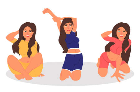 Set of sexy young women in different poses. Vector illustration on white background in cartoon styleのイラスト素材