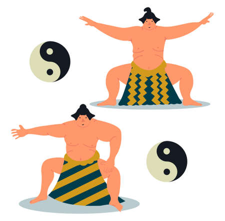 Set of two sumo character. Sumo sportsmans. Sumo wrestler design. Vector illustration on white background in cartoon styleのイラスト素材