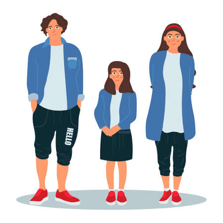 Happy young family. Dad, mom, and daughter standing together. Family look. Vector illustration on white background in cartoon styleのイラスト素材