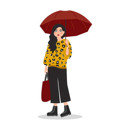 Young woman character standing with umbrella under a rain. Vector illustration on white background in cartoon styleのイラスト素材