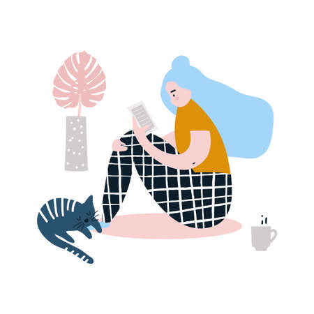 Young girl is checking own smartphone. Beautiful girl in jeans overall.Pretty girl in denim overalls. Vector Illustrationのイラスト素材