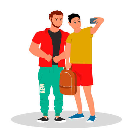 Diverse college or university students. Two student making a selfie photo. Vector illustration on white backgroundのイラスト素材