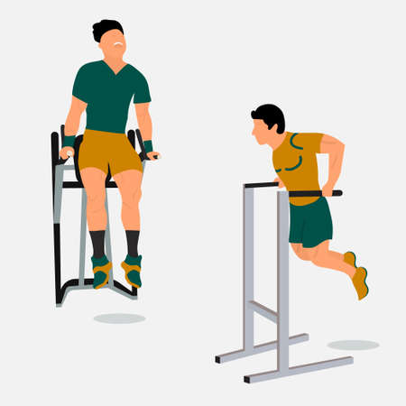Men doing triceps dip on parallel bars.Professional male sportsmen training on parallel bars.のイラスト素材