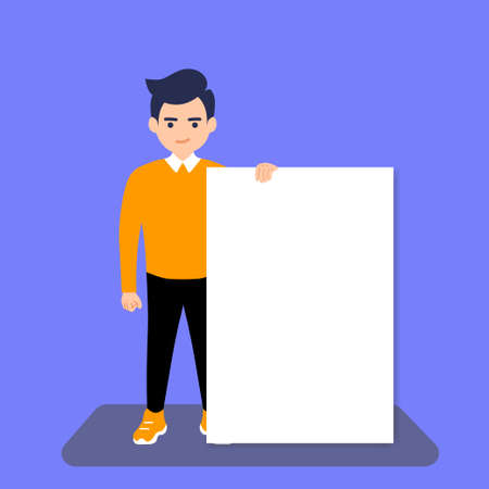 Young man holding white blank poster, banner. A place to post your advertisement or other information. Advertisingのイラスト素材