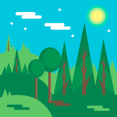 Forest scene with natural tree.Vector illustration.Beautiful summer nature landscape.Forest with mountain and sky background.のイラスト素材