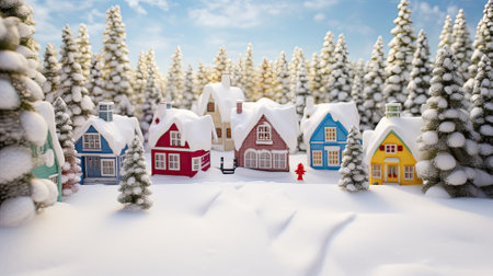 Model of a village in the forest with picturesque and colorful houses on a blanket of snow with Christmas trees on their doorsの素材