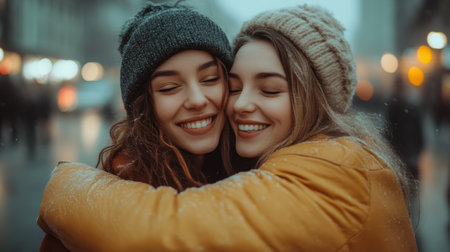 Two women laughing and hugging in a snowy street, dressed warmly and enjoying the cold weather togetherの素材
