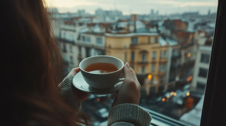 A woman holding a cup of tea while looking out of a window, enjoying a cozy moment with a scenic view of the cityの素材