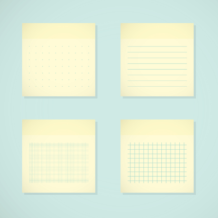 Set: yellow sticky notes. Ruled, dotted, millimeter and squared papersのイラスト素材