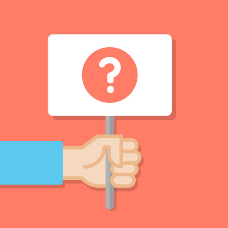 Hand holding white board. Banner with minimal icon. Query symbol. Concept of protest. Vector illustration, flat style.のイラスト素材