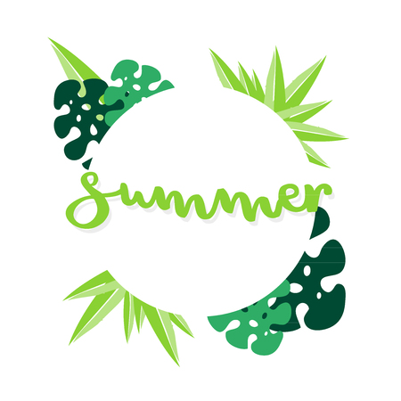 Summer lettering. Tropical leaves. Vector illustration, flat designのイラスト素材