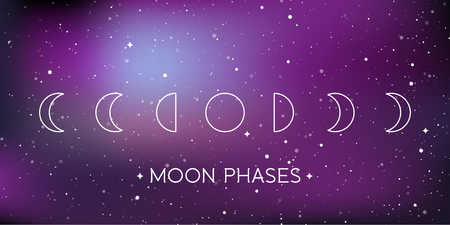 Moon phases. Star universe background. Concept of galaxy, space, cosmos. Vector illustration