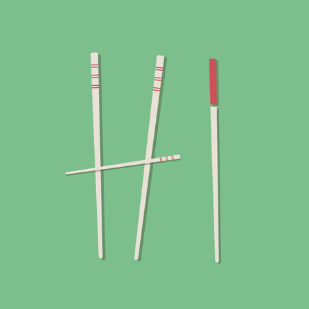 Chopsticks making the word: "Hi". Green background. Vector illustration, flat designのイラスト素材