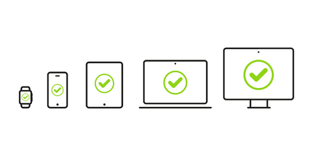Device Icons: smartwatch, smartphone, tablet, laptop and desktop computer. Green checkmark. Concept of quality, warranty, reliability, optimization, responsive. Vector illustration, flat designのイラスト素材