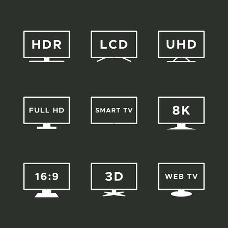 Smart TV icon set. White line TV screens isolated on black background. Web TV features: HDR, LCD, UHD, full HD, 8K, 16:9. Vector illustration, flat designのイラスト素材