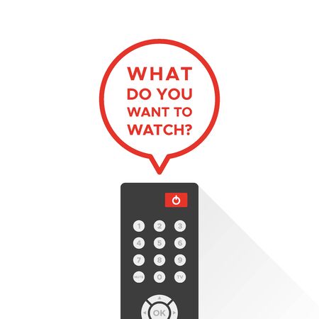 TV remote control with long shadow. Speech bubble with the text: "What do you want to watch?" Vector illustration, flat designのイラスト素材