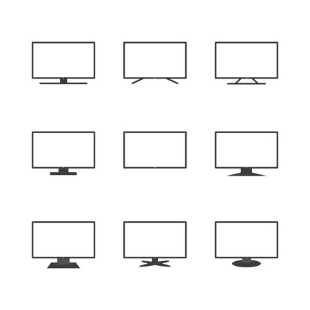Smart TV icon set. Black line TV screens isolated on white background. Web TV features: HDR, LCD, UHD, full HD, 8K, 16:9. Vector illustration, flat designのイラスト素材