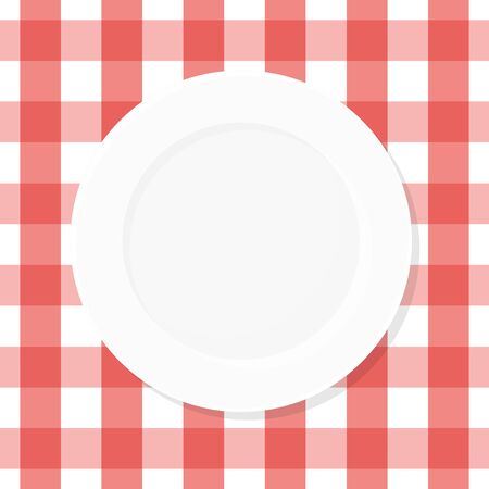 White empty plate on red checkered tablecloth. Top view. Vector illustration, flat designのイラスト素材
