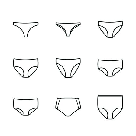 Panties icon set. Woman underwear types: thong, brazilian, bikini, classic brief, high cut brief, hipster, shortie, control brief and shapewear. Vector illustration, flat designのイラスト素材