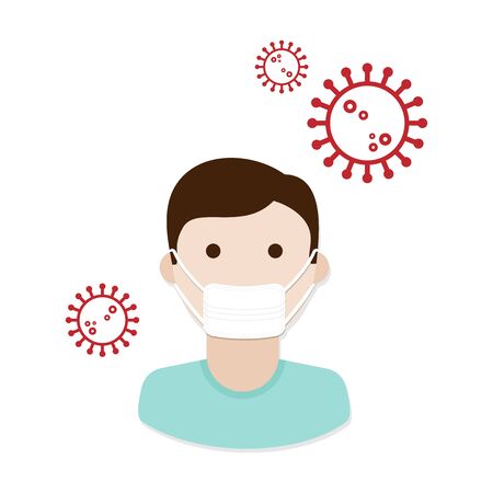 Man wearing a medical face mask. Protection against coronavirus 2019 nCoV. Concept of flu outbreak, public health risk, covid 2019, MERS-CoV, SARS-CoV. Vector illustration, flat designのイラスト素材